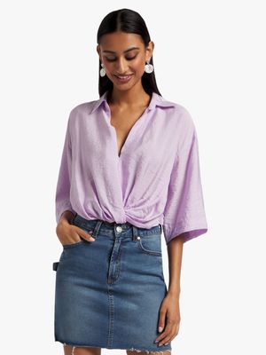 Laundered Satin Knot Front Crop Top
