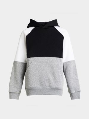 Younger Boy's Grey, Black & White Colour Block Hoodie