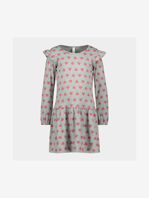 Older Girl's Grey & Pink Heart Print Drop Tier Dress