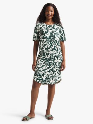 Women's Green Foliage Print T-Shirt Dress