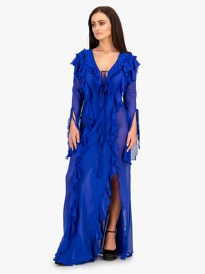 Women's Rosey & Vittori Royal Blue Maxi Ruffle Sheer Dress