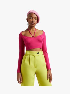 Women's Cerise Fitted Top With Corset Detail