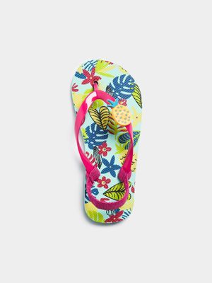 Younger Girl's Pink Tropical Print Flip Flops
