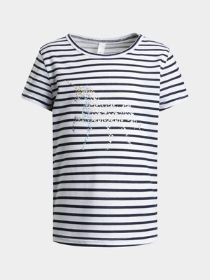 Older Girl's Navy & White Striped Graphic Print T-Shirt