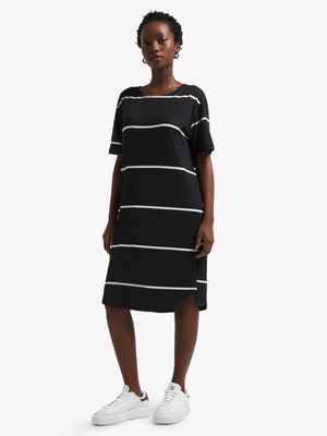Women's Black & White Stripe Print T-Shirt Dress