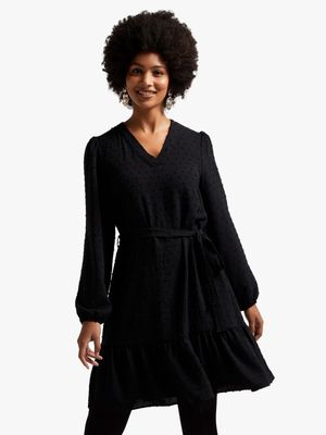 Women's Black Clipdot Babydoll Dress