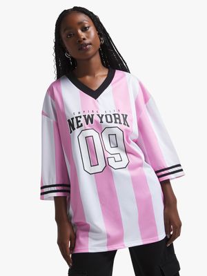 Women's White & Pink Striped Birdseye Oversized Top