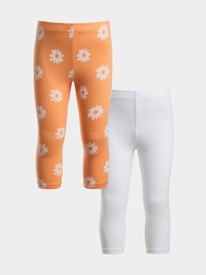 Younger Girl's Orange Daisy & White 2-Pack Leggings