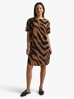 Women's Black & Brown Zebra Print T-Shirt Dress