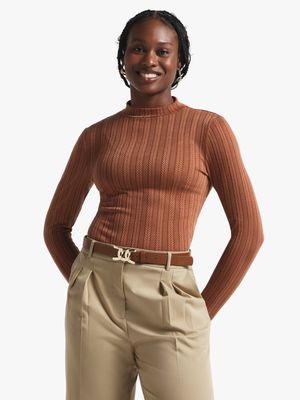 Women's Brown Textured Turtleneck Top