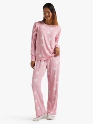 Women's Pink Heart Print Sleepwear Set