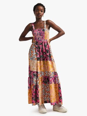 Women's Patchwork Print Smocked Maxi Dress