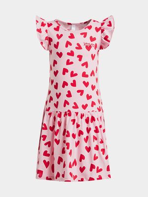 Younger Girl's Pink Heart Print Ruffle Sleeve Dress