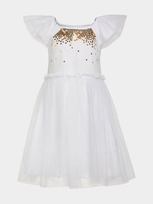 Younger Girl's White & Gold Sequins Party Dress