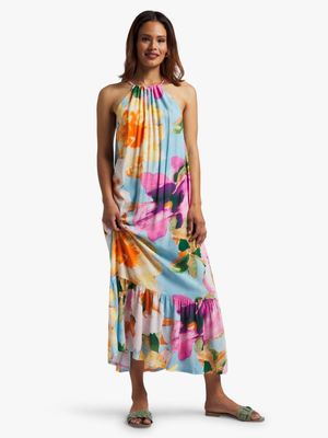 Women's Blue Floral Print Halterneck Maxi Dress