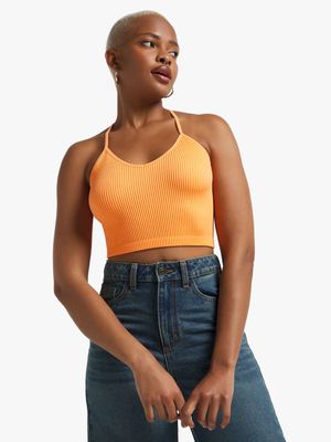 Women's Orange Seamless Cami With Lace Detail