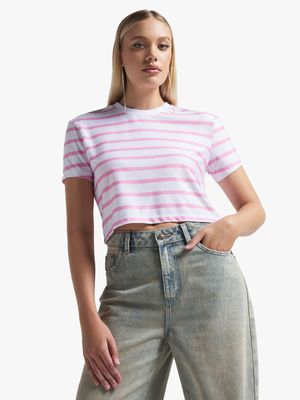 Women's Pink & White Striped Boxy Top