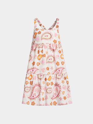 Older Girl's White Paisley Print Tiered Poplin Dress