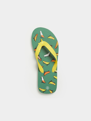 Older Boy's Yellow & Green Skateboard Print Flip Flops