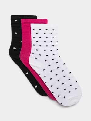 Women's White, Black & Pink 3-Pack Anklet Socks