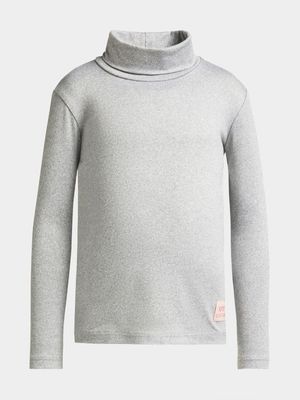 Younger Girl's Grey Melange Poloneck Top