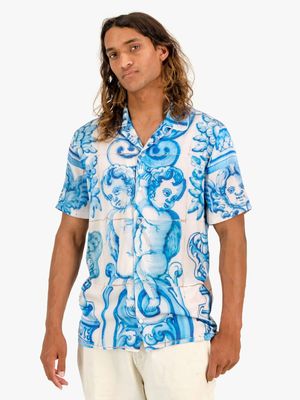 Men's Rosey & Vittori Blue & White Satin Printed Shirt
