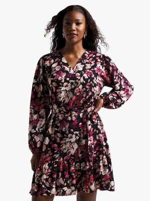 Women's Black & Pink Floral Print Tiered Babydoll Dress