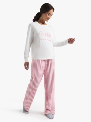 Women's Pink & White Striped Sleepwear Set
