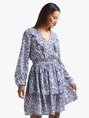 Women's Blue & White Print Frill Mini Dress