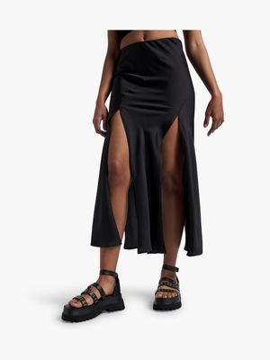 Women's Black Satin Skirt With Slits