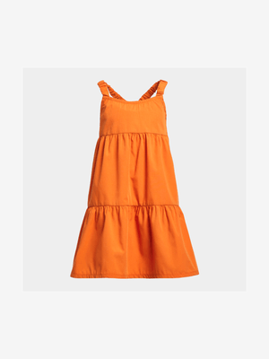 Older Girl's Orange Tiered Poplin Dress