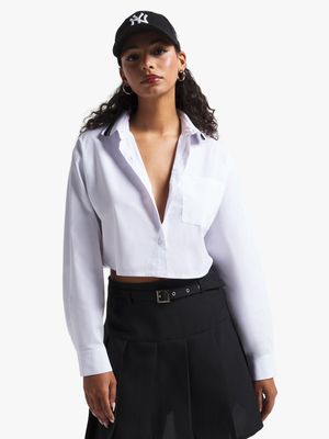 Women's White Cropped Shirt With Rib Collar