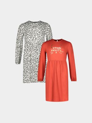 Younger Girl's Orange & Animal Print 2 Pack Dresses