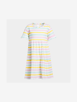 Older Girl's White Stripe Print Tiered Dress