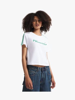 Women's White Cropped Varsity T-Shirt