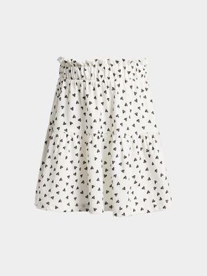 Younger Girl's White Heart Print Tiered Paperbag Skirt