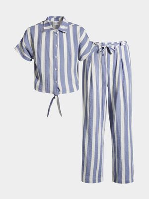 Older Girls Stripe Faux Linen Shirt & Pants Set