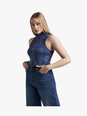 Women's Blue Dyed Co-Ord Turtle Neck Fitted Top