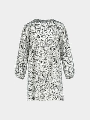 Younger Girl's Black & White Spot Print Textured Dress