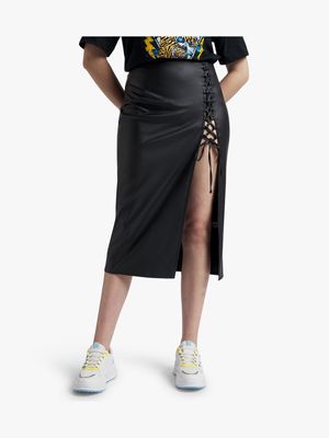 Women's Black Midi Skirt With Lace Up Detail