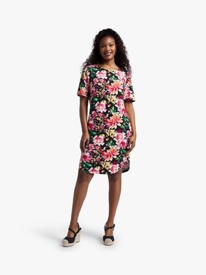 Women's Black Floral Print T-Shirt Dress