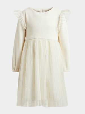 Younger Girl's Cream Ribbed Tulle Dress