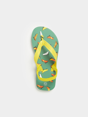 Younger Boy's Yellow & Green Skateboard Print Flip Flops