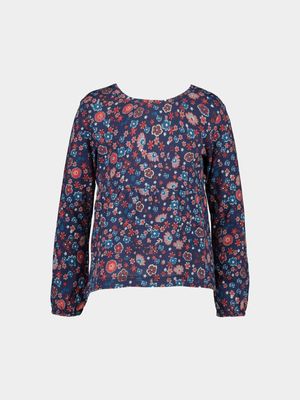 Younger Girl's Blue Floral Print Top