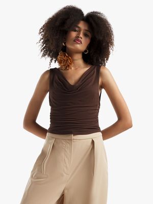 Women's Chocolate Brown Draped Neck Top With Side Ruch