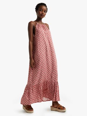 Women's Red Tile Print Halterneck Maxi Dress