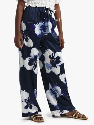 Women's Blue & White Floral Print Relaxed Palazzo Pants