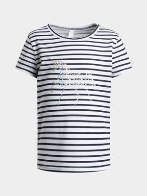 Younger Girl's Navy & White Striped Graphic Print T-Shirt