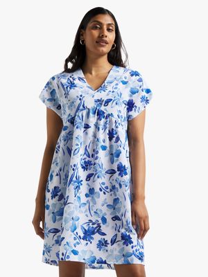 Women's Blue & White Floral Print Tiered Babydoll Dress