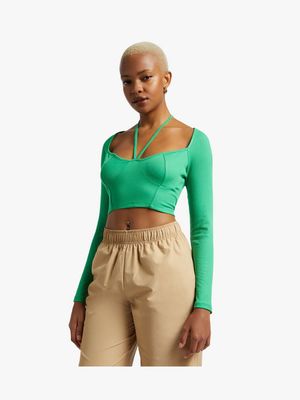 Women's Green Fitted Top With Corset Detail